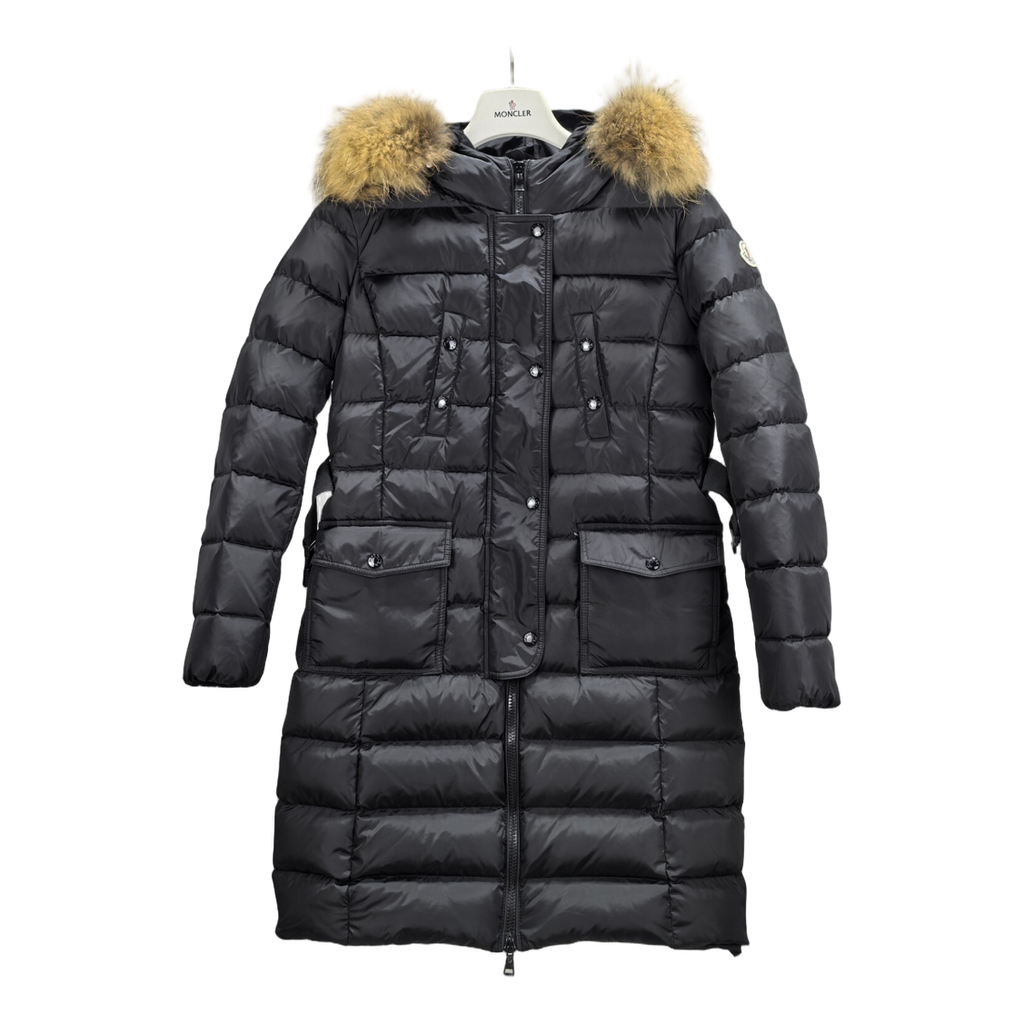 Moncler Four-Pocket Long Puffer Coat with Fur-Trim Hood – Black