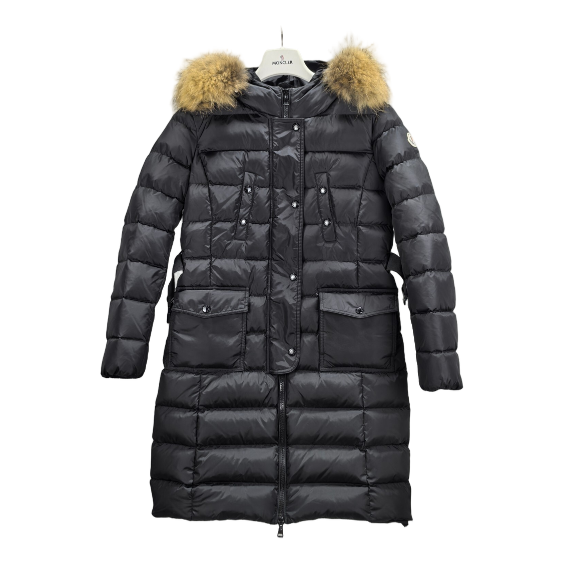 Moncler Four-Pocket Long Puffer Coat with Fur-Trim Hood – Black