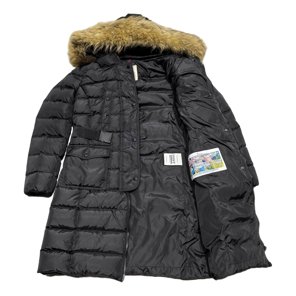 Moncler Four-Pocket Long Puffer Coat with Fur-Trim Hood – Black