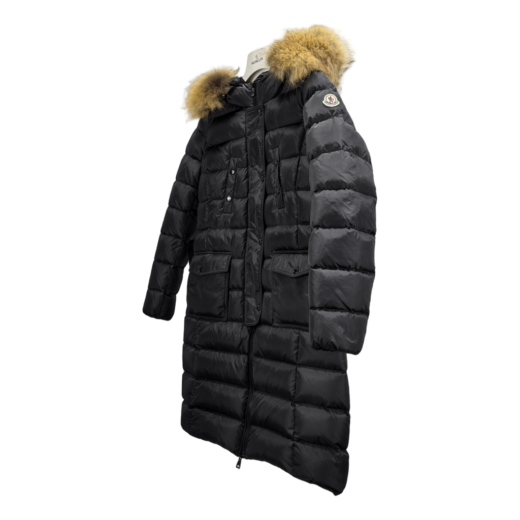 Moncler Four-Pocket Long Puffer Coat with Fur-Trim Hood – Black