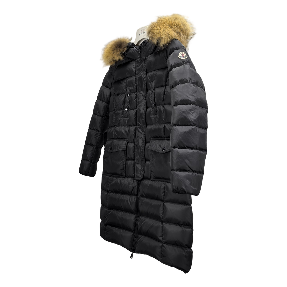 Moncler Four-Pocket Long Puffer Coat with Fur-Trim Hood – Black