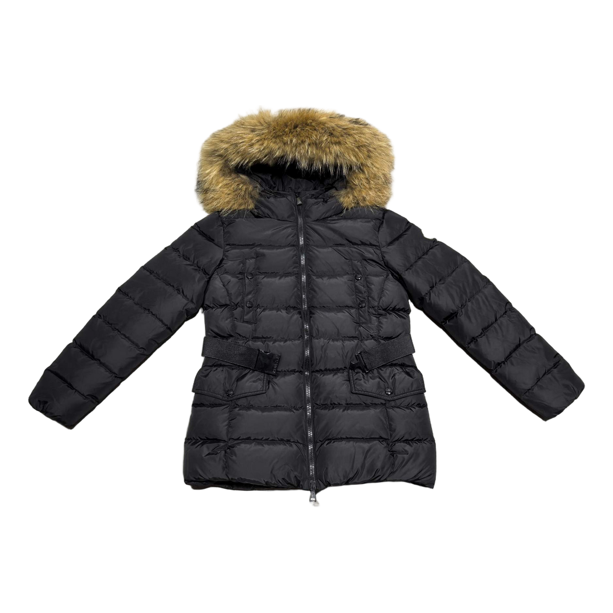 Moncler Four-Pocket Belted Puffer Jacket with Fur Trim – Black