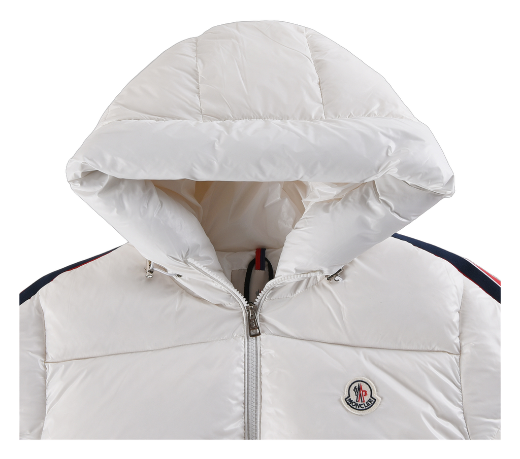 Moncler Tricolour Sleeve-Stripe Hooded Puffer Jacket - White