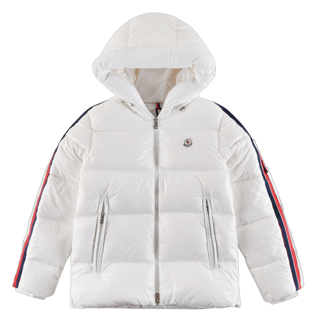 Moncler Tricolour Sleeve-Stripe Hooded Puffer Jacket - White