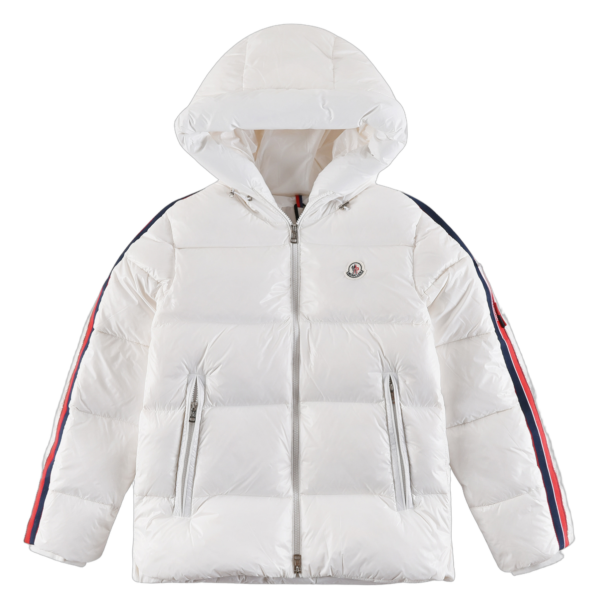 Moncler Tricolour Sleeve-Stripe Hooded Puffer Jacket - White