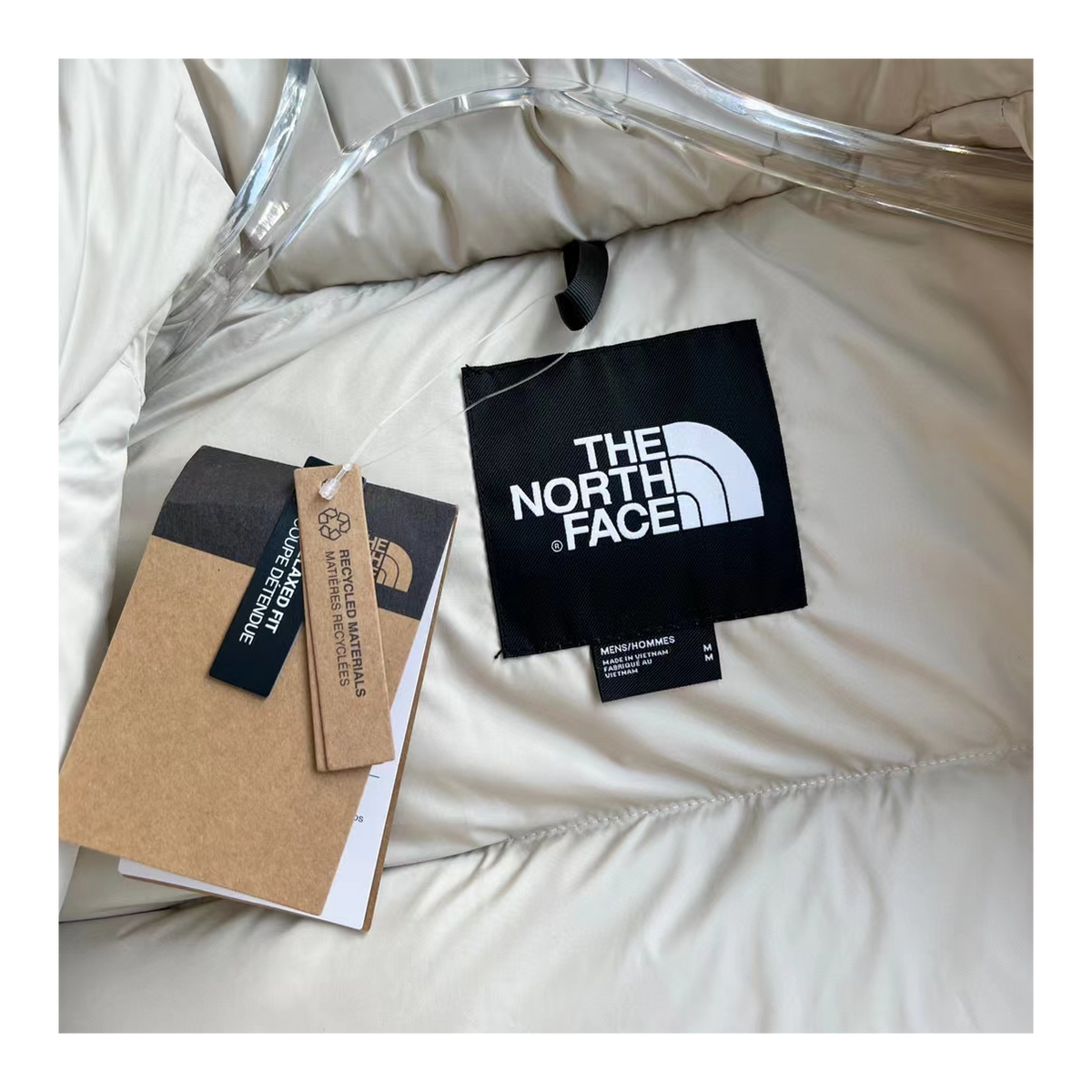 The North Face Cropped Puffer Jacket in Cream, Stand Collar