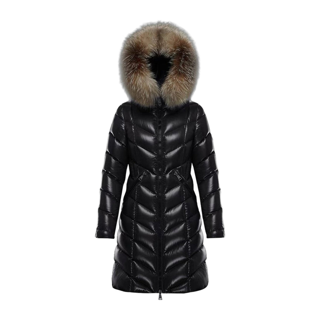 Moncler Fulmarus Long Puffer Coat with Chevron Quilting & Fur Trim