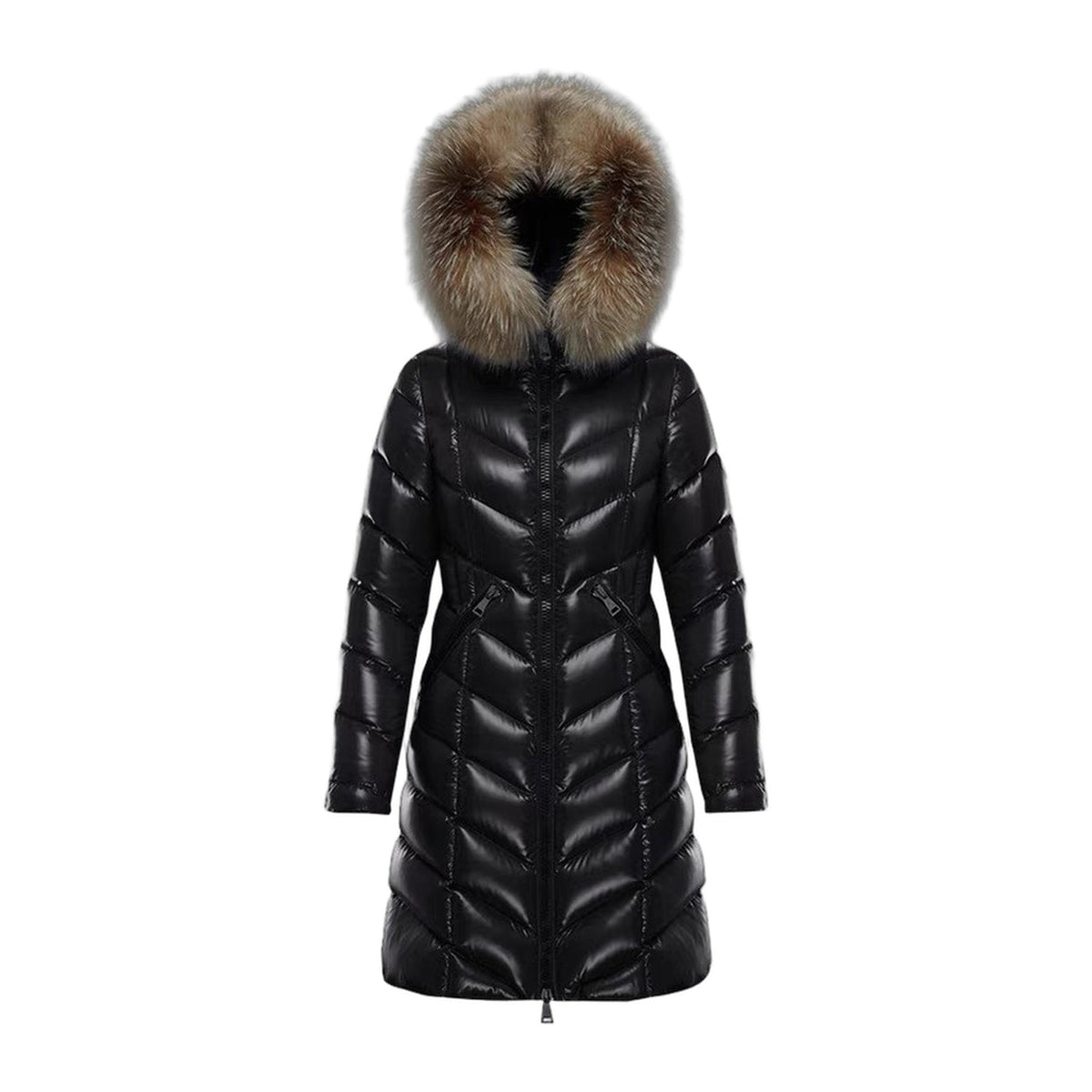 Moncler Fulmarus Long Puffer Coat with Chevron Quilting & Fur Trim