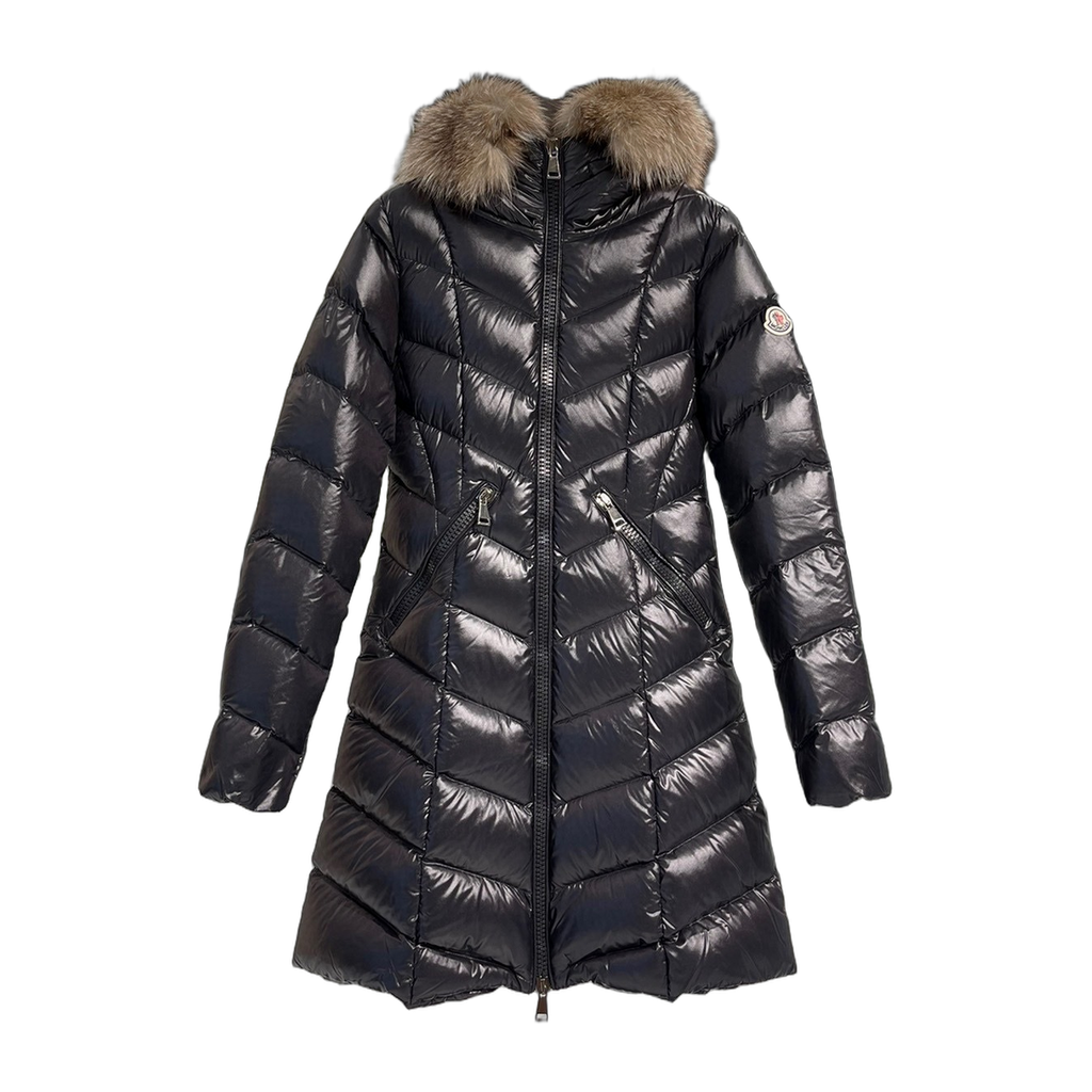 Moncler Fulmarus Long Puffer Coat with Chevron Quilting & Fur Trim