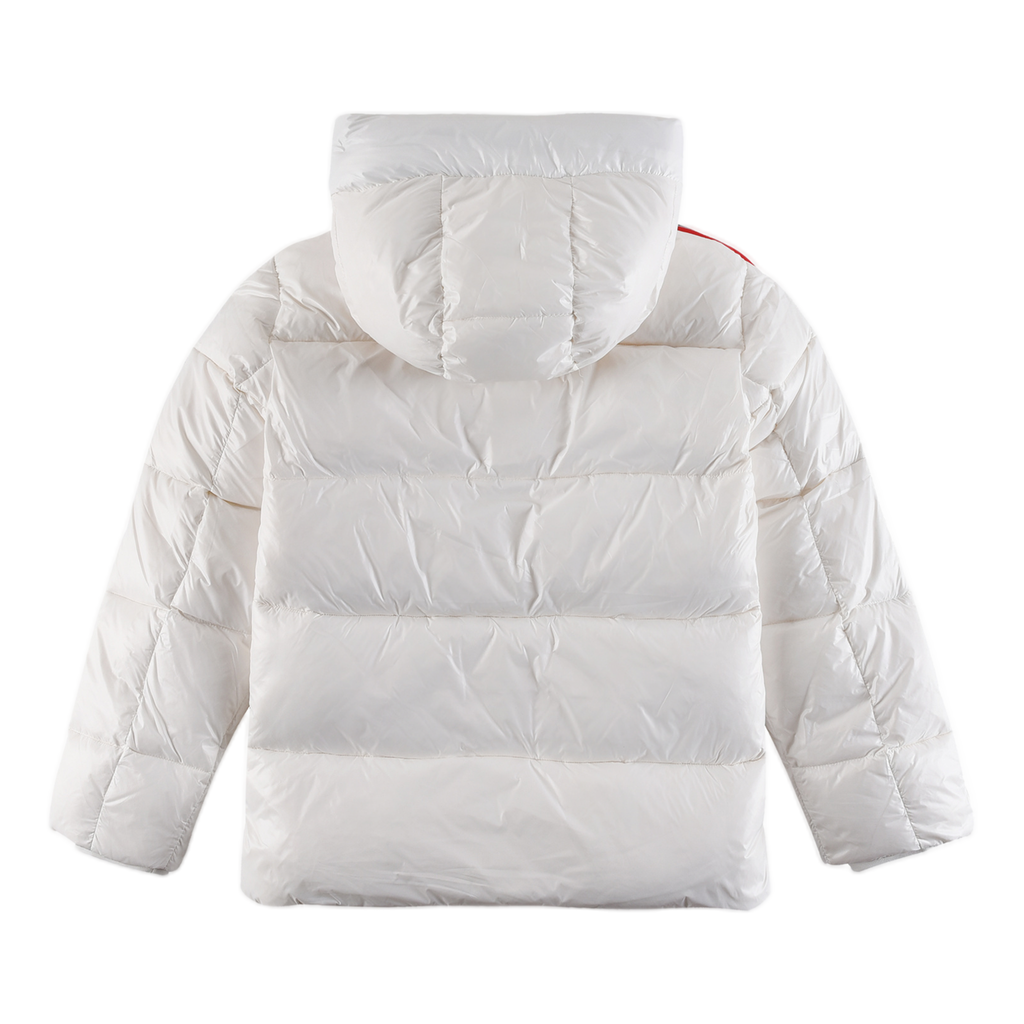 Moncler Glossy Hooded Puffer Jacket with Tricolour Sleeve Stripe