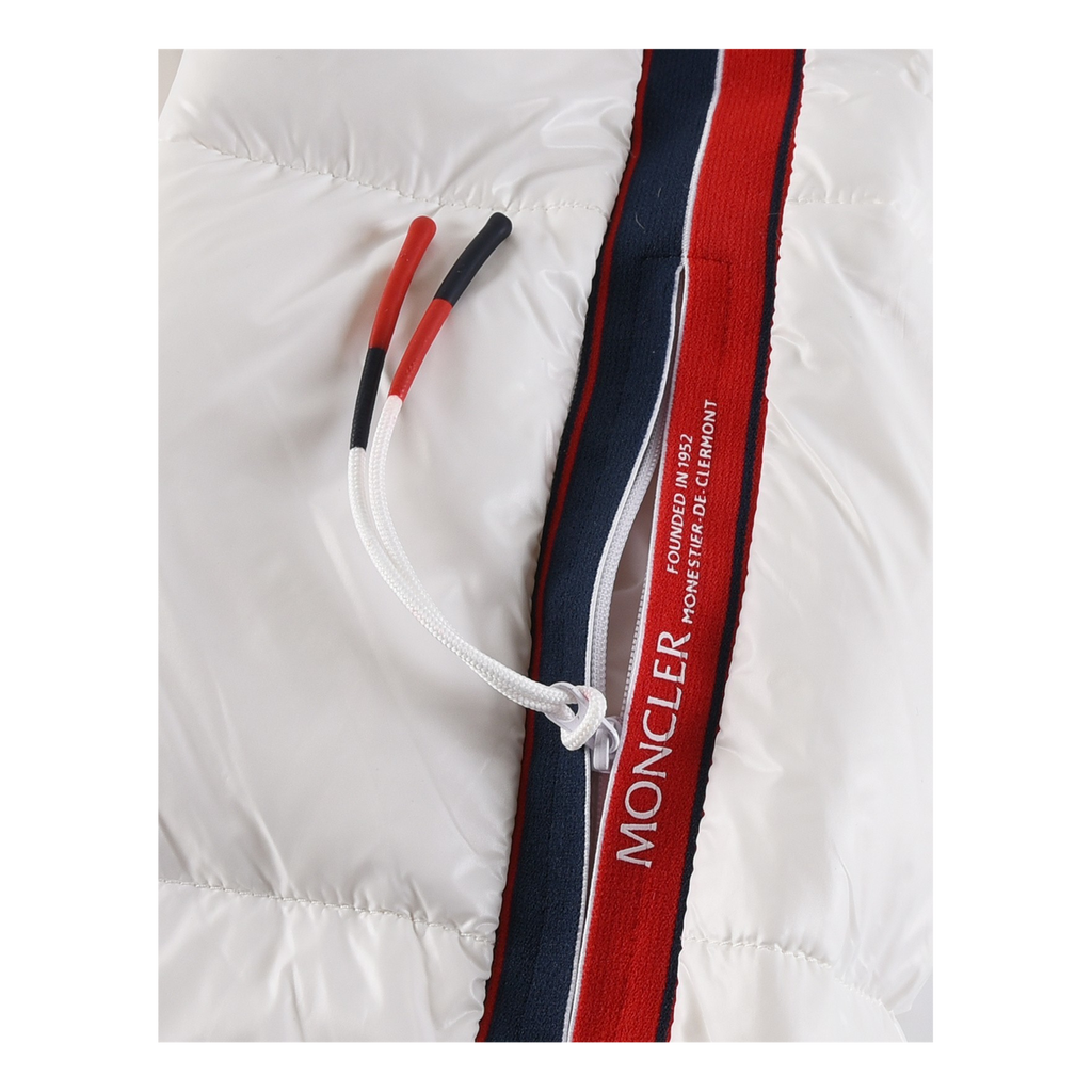 Moncler Glossy Hooded Puffer Jacket with Tricolour Sleeve Stripe