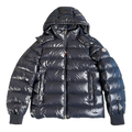Moncler Glossy Hooded Puffer Jacket with Logo Zip – Navy