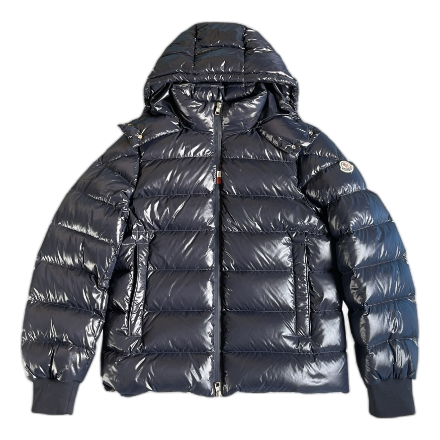 Moncler Glossy Hooded Puffer Jacket with Logo Zip – Navy