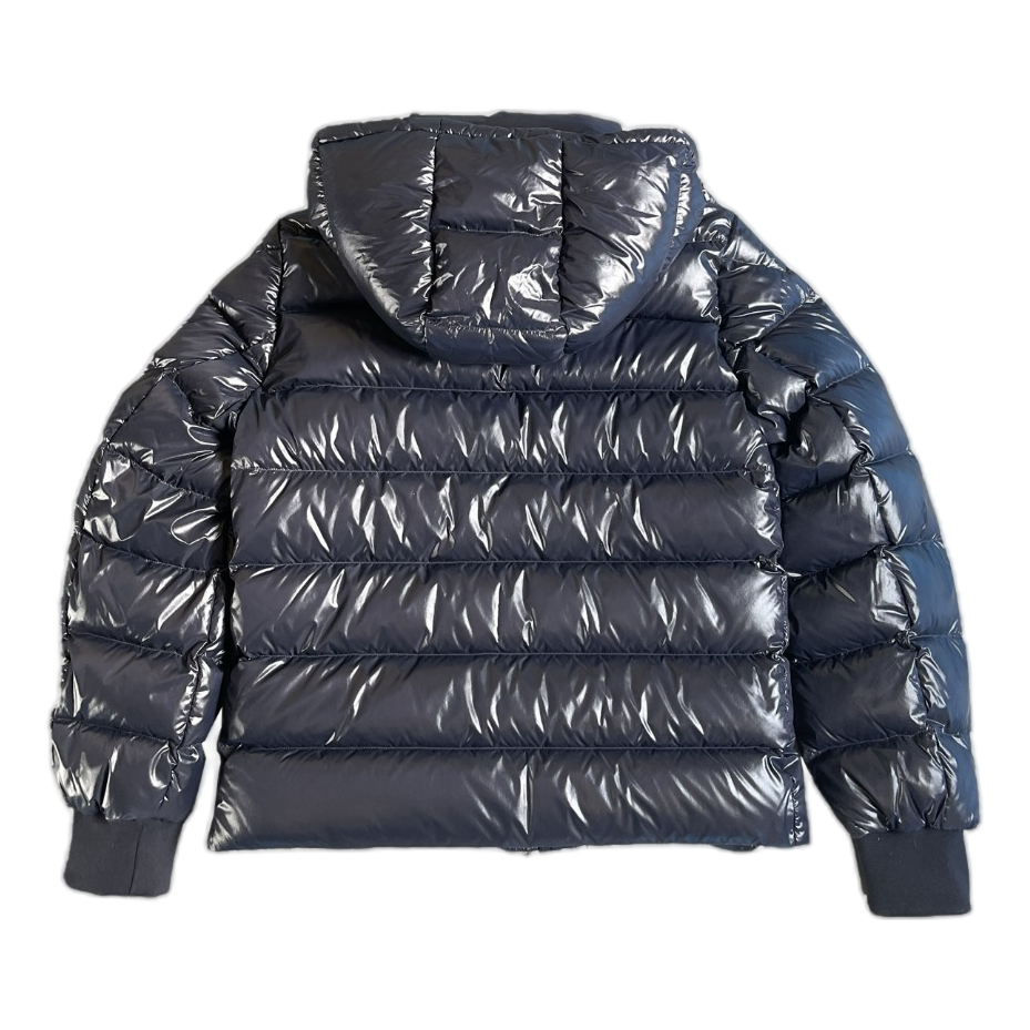Moncler Glossy Hooded Puffer Jacket with Logo Zip – Navy