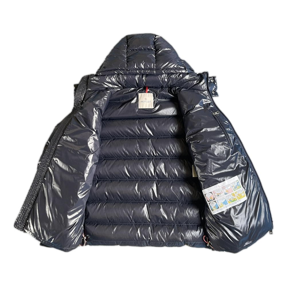 Moncler Glossy Hooded Puffer Jacket with Logo Zip – Navy