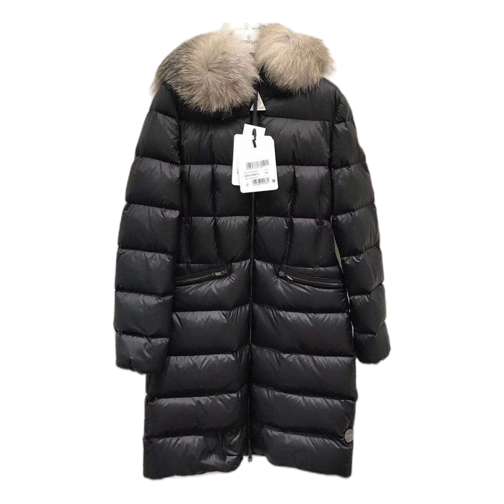 Moncler Four-Pocket Long Puffer Coat with Fur-Trim Hood – Black
