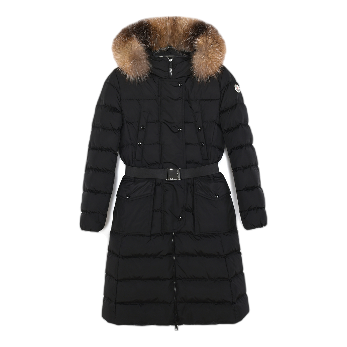 Moncler Khloe Belted Fur-Trim Hooded Long Coat - Black