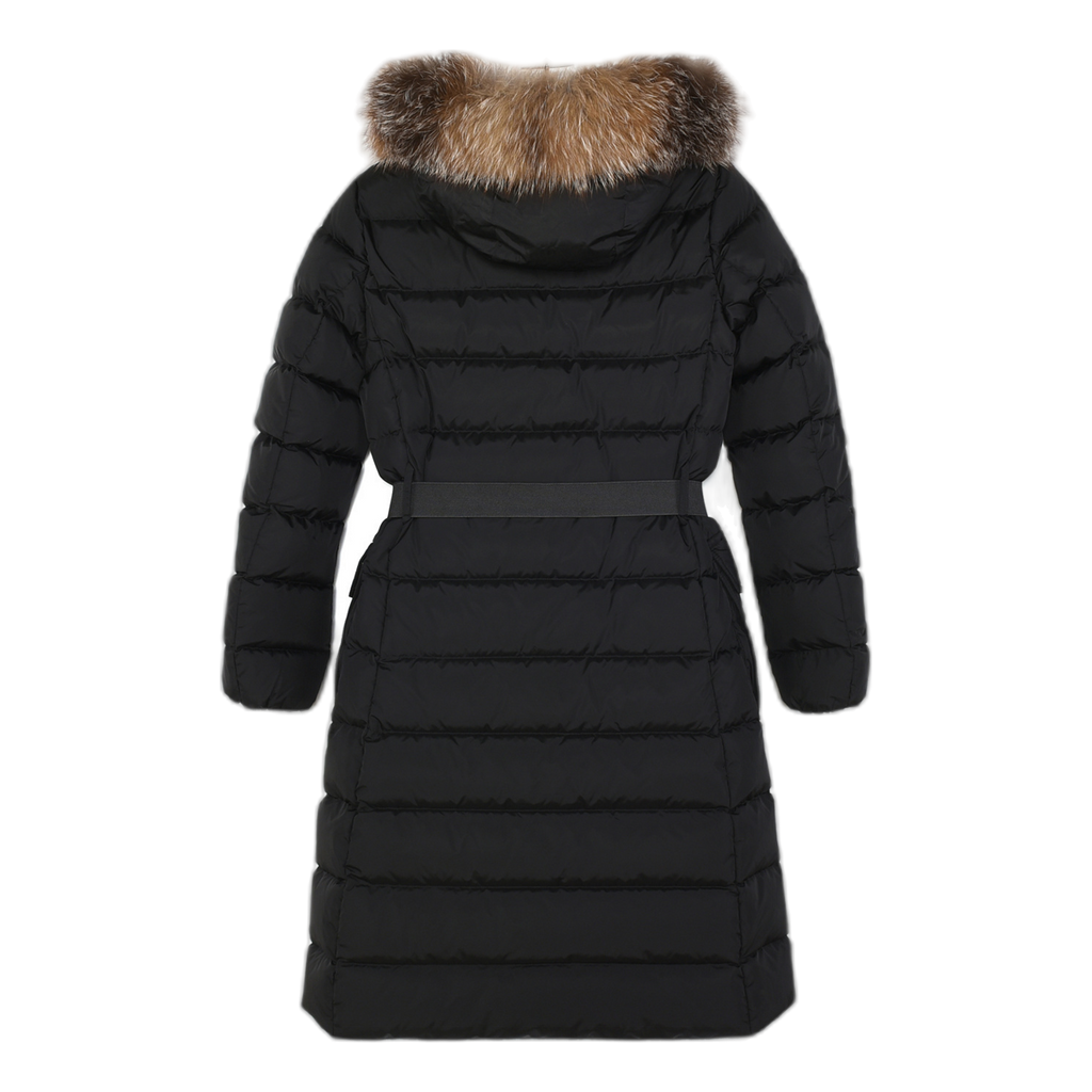 Moncler Khloe Belted Fur-Trim Hooded Long Coat - Black