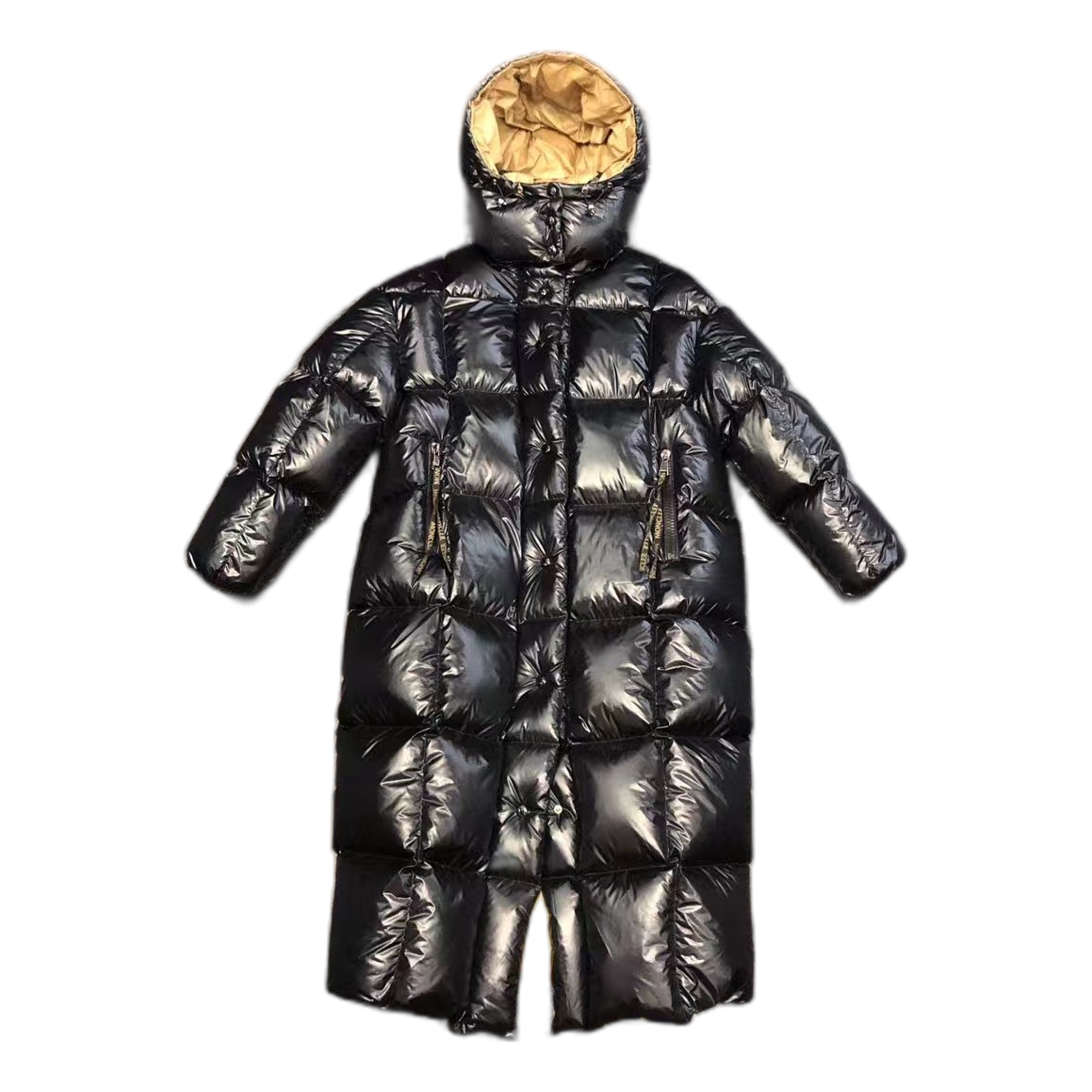 Moncler Glossy Long Puffer Coat with Gold Lining – Black