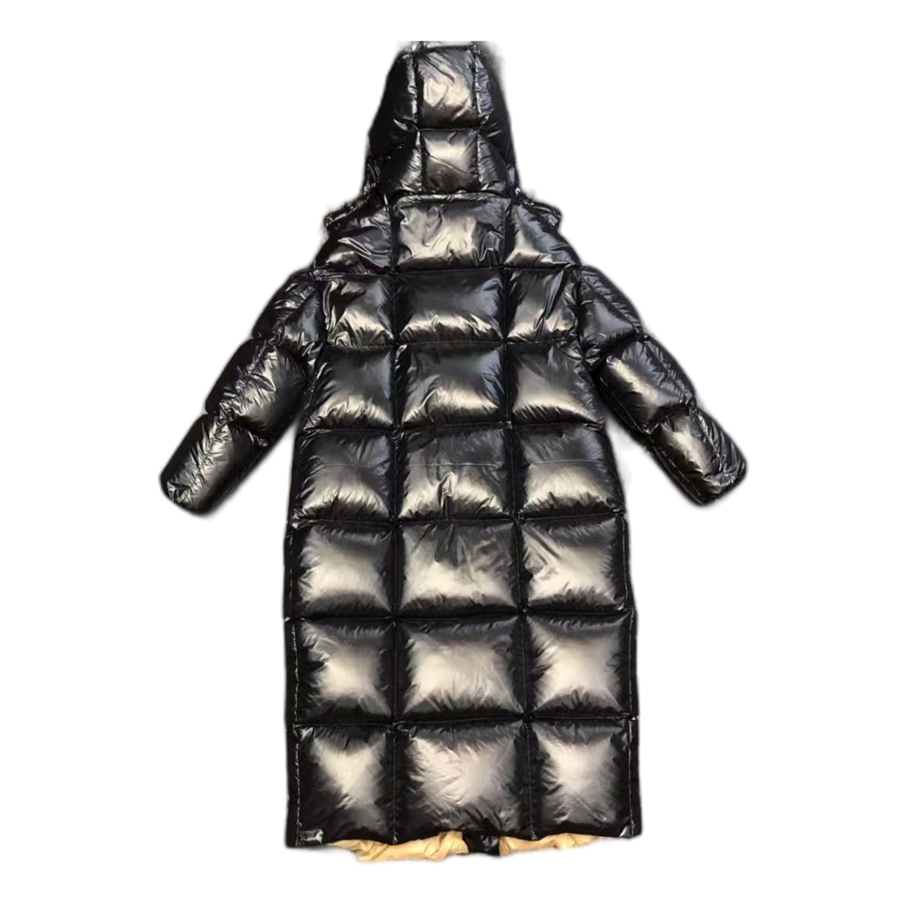 Moncler Glossy Long Puffer Coat with Gold Lining – Black