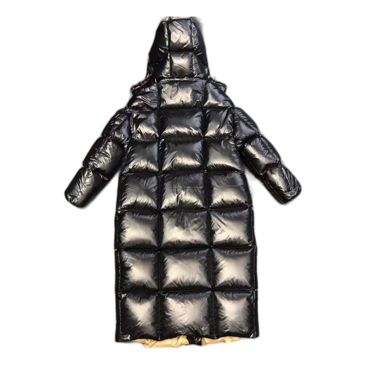 Moncler Glossy Long Puffer Coat with Gold Lining – Black