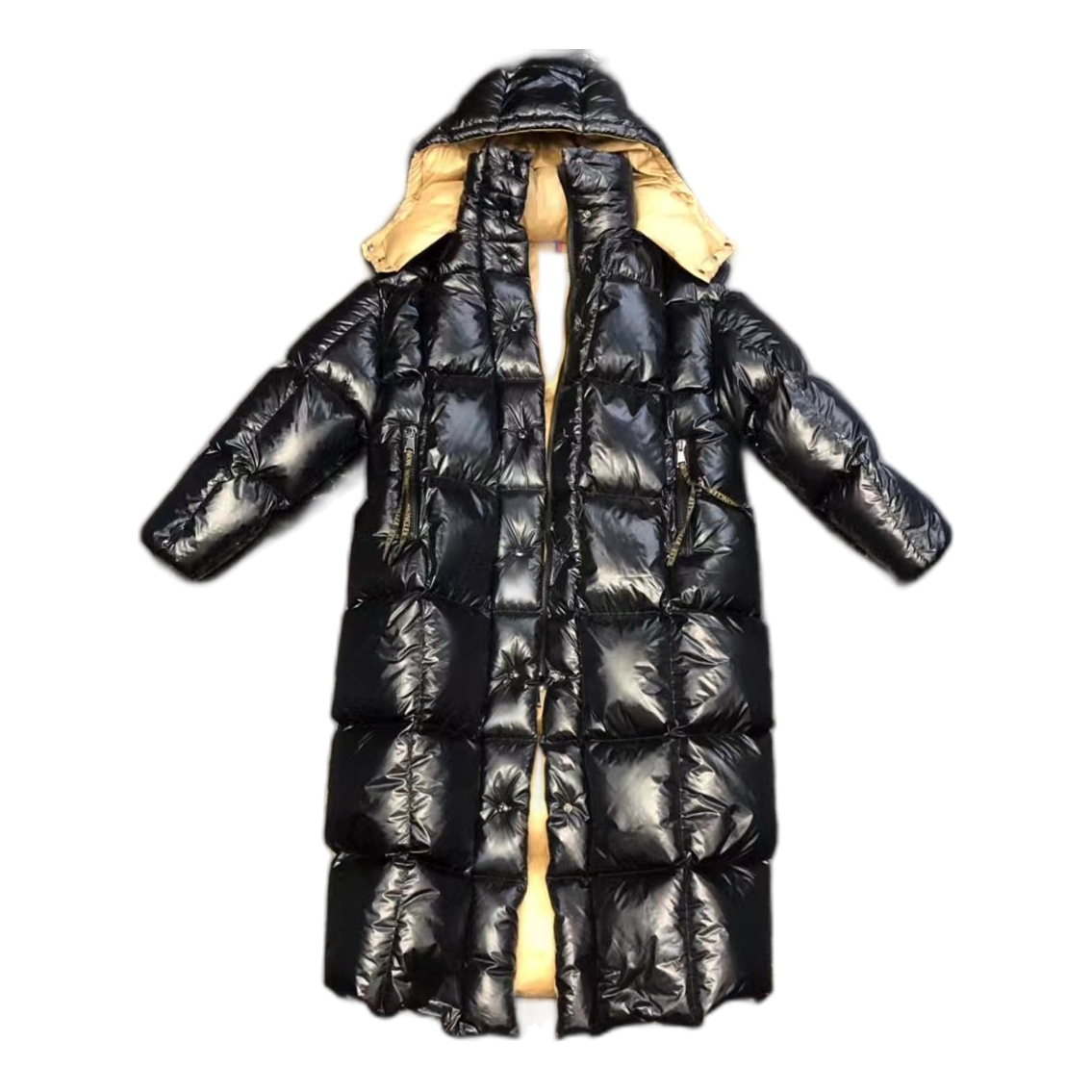 Moncler Glossy Long Puffer Coat with Gold Lining – Black