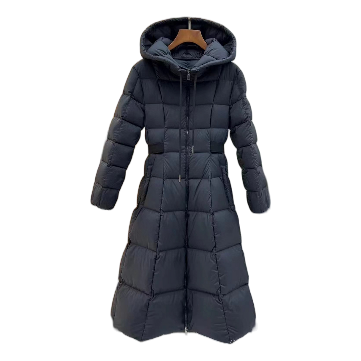 Moncler Fitted Long Puffer Coat with Drawstring Hood – Black
