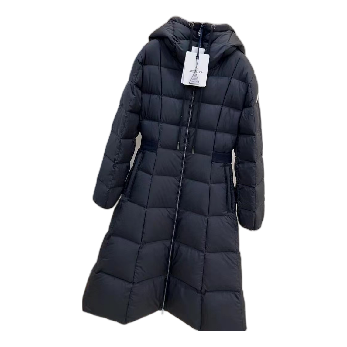 Moncler Fitted Long Puffer Coat with Drawstring Hood – Black
