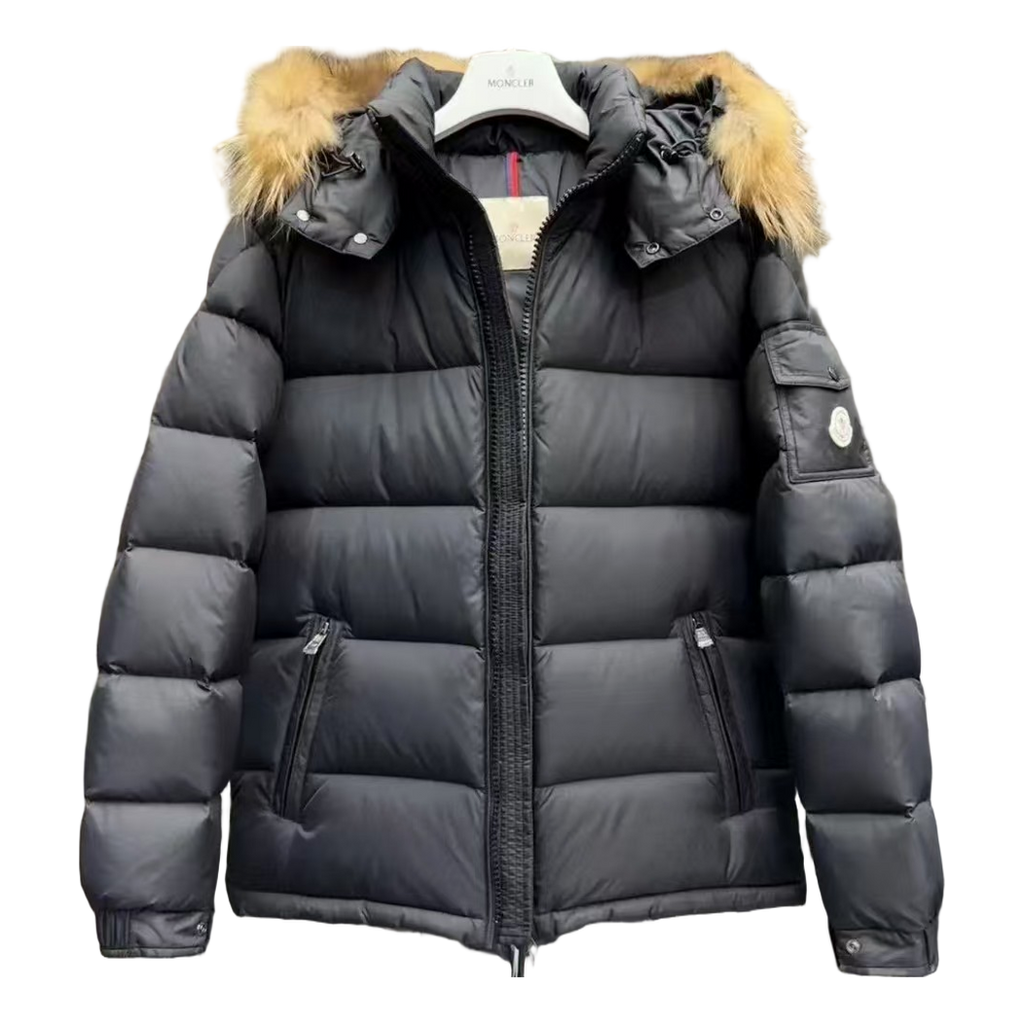 Moncler Long Puffer Jacket with Fur-Trim Hood – Black