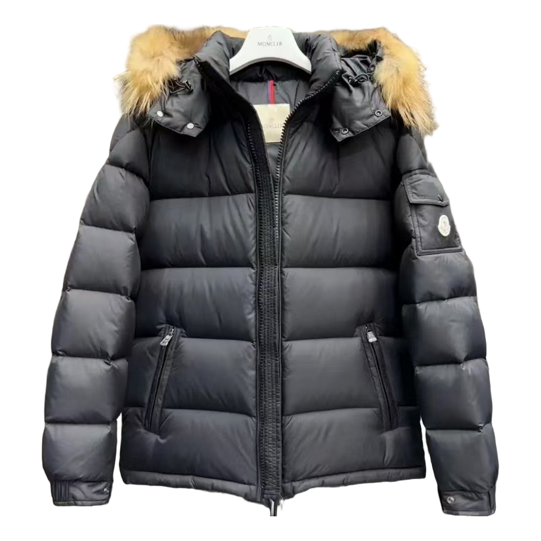 Moncler Long Puffer Jacket with Fur-Trim Hood – Black