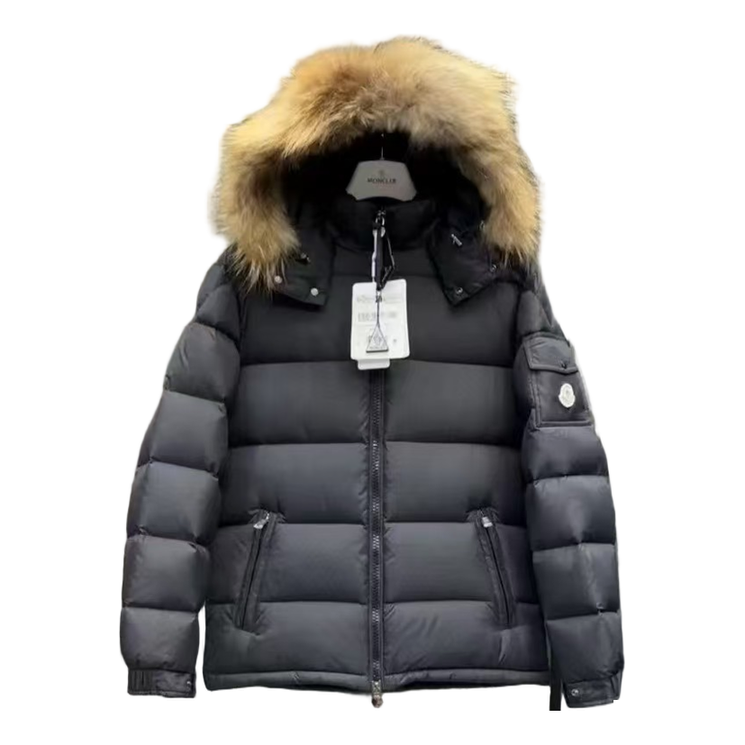 Moncler Long Puffer Jacket with Fur-Trim Hood – Black