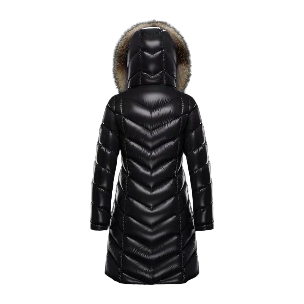 Moncler Fulmarus Long Puffer Coat with Chevron Quilting & Fur Trim