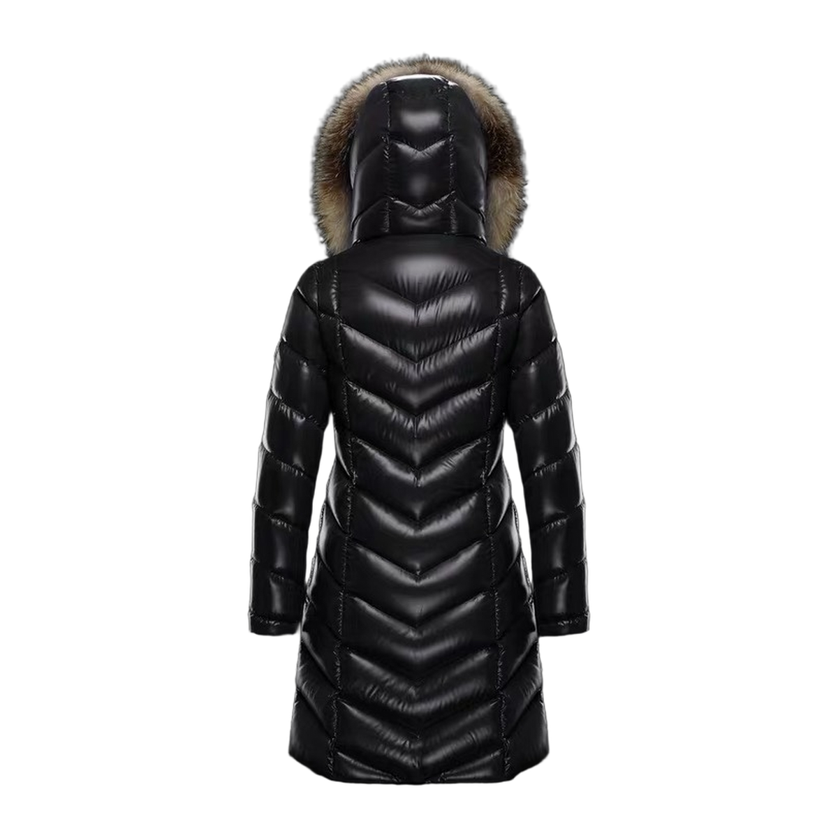 Moncler Fulmarus Long Puffer Coat with Chevron Quilting & Fur Trim