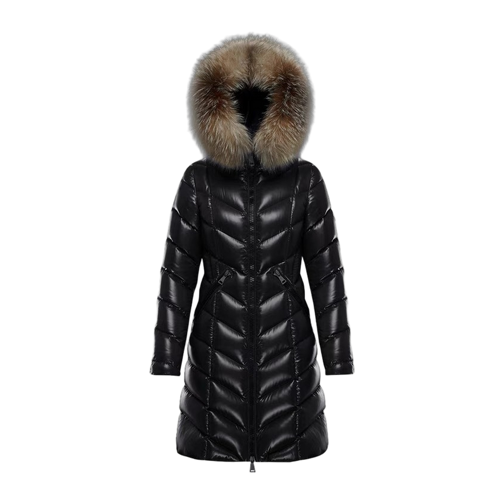 Moncler Fulmarus Long Puffer Coat with Chevron Quilting & Fur Trim