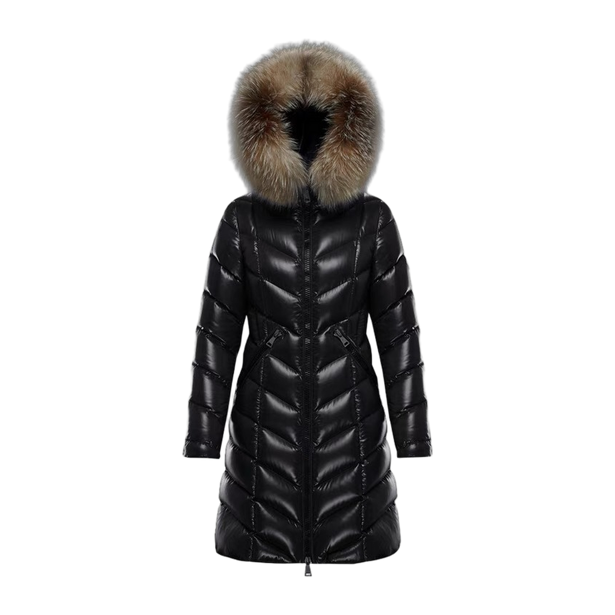 Moncler Fulmarus Long Puffer Coat with Chevron Quilting & Fur Trim