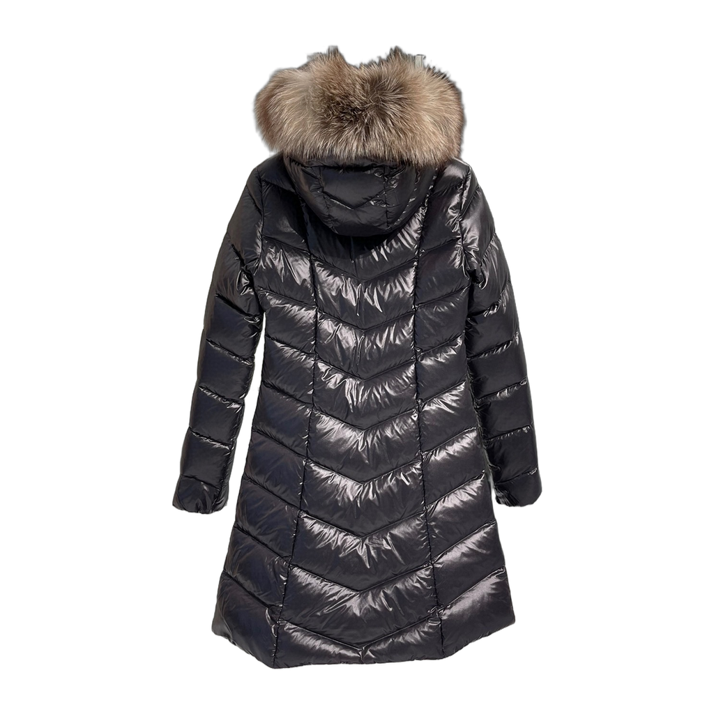 Moncler Fulmarus Long Puffer Coat with Chevron Quilting & Fur Trim
