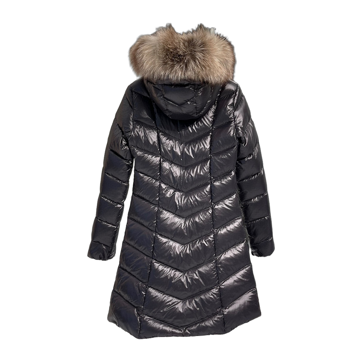 Moncler Fulmarus Long Puffer Coat with Chevron Quilting & Fur Trim