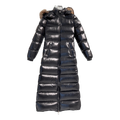 Moncler Glossy Long Puffer Coat with Fur-Trim Hood