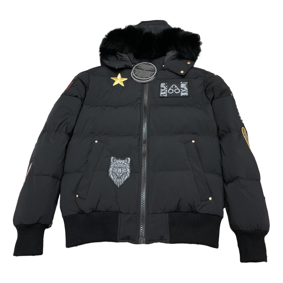 Moose Knuckles Patch-Detail Hooded Down Bomber Jacket in Black