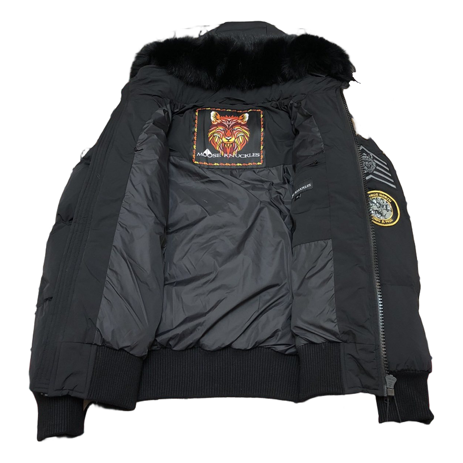 Moose Knuckles Patch-Detail Hooded Down Bomber Jacket in Black