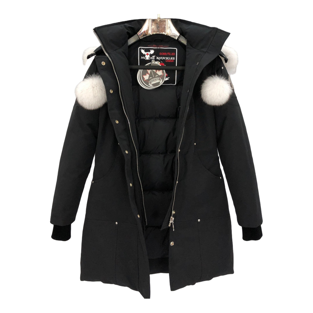 Moose Knuckles Stirling Hooded Down Parka with White Trim