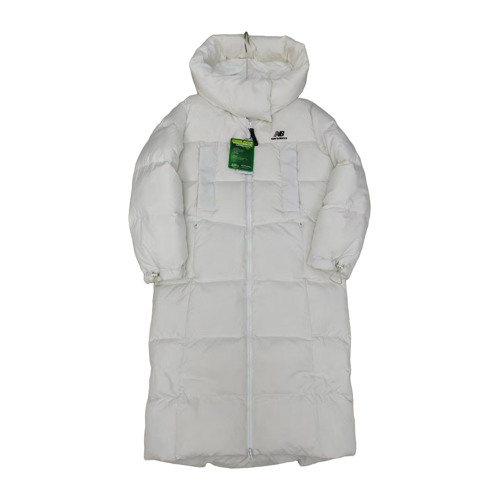 New Balance Long Hooded Puffer Coat in Off White