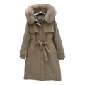 Prada Belted Faux Fur-Trim Hooded Coat in Beige