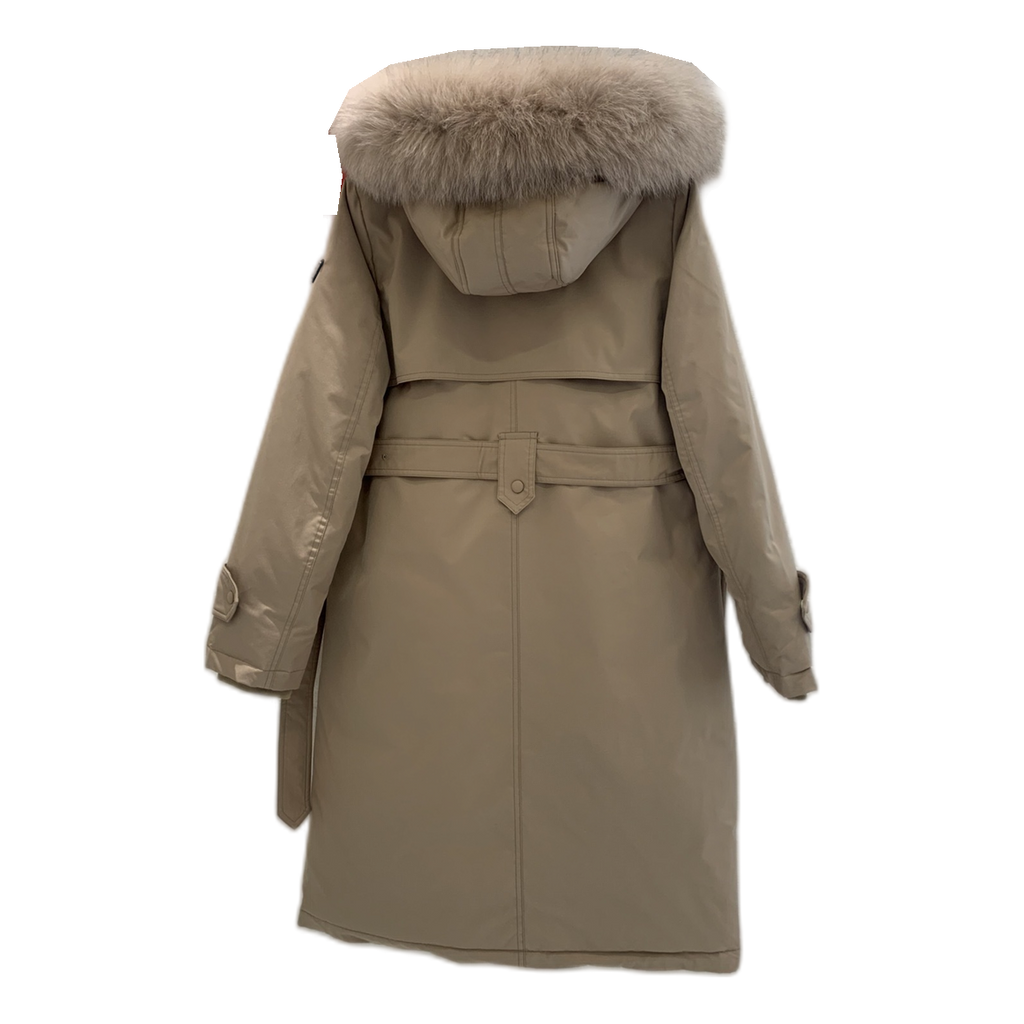 Prada Belted Faux Fur-Trim Hooded Coat in Beige