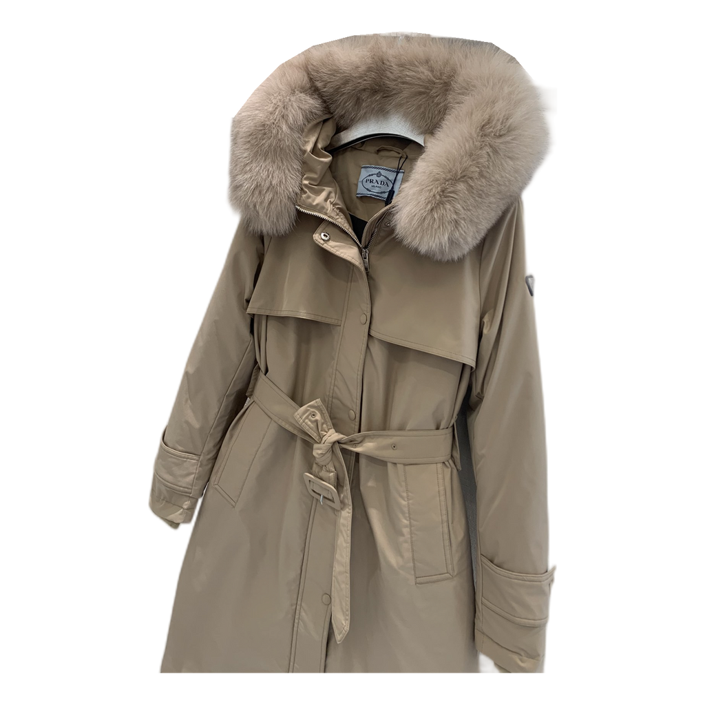 Prada Belted Faux Fur-Trim Hooded Coat in Beige
