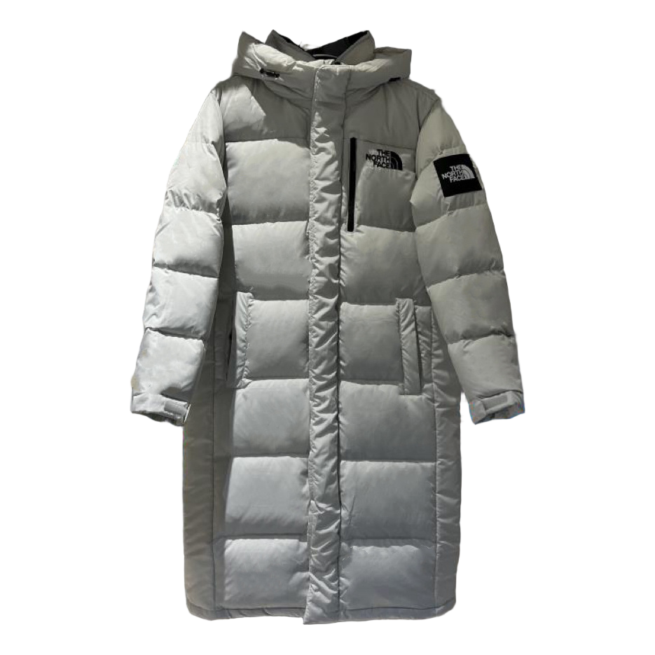 The North Face Color-Block Long Hooded Puffer Coat in Grey