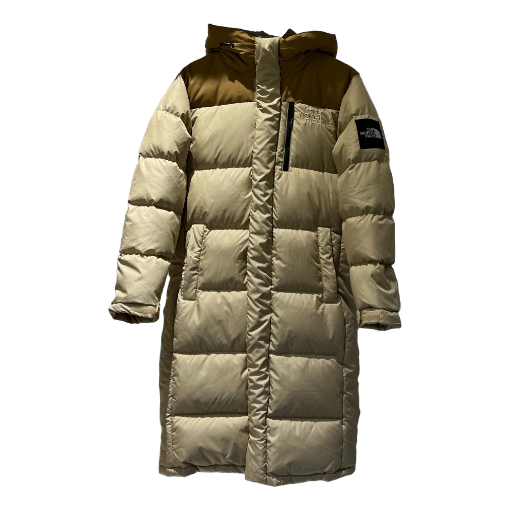 The North Face Color-Block Long Hooded Puffer Coat in Tan
