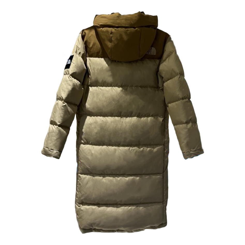 The North Face Color-Block Long Hooded Puffer Coat in Tan