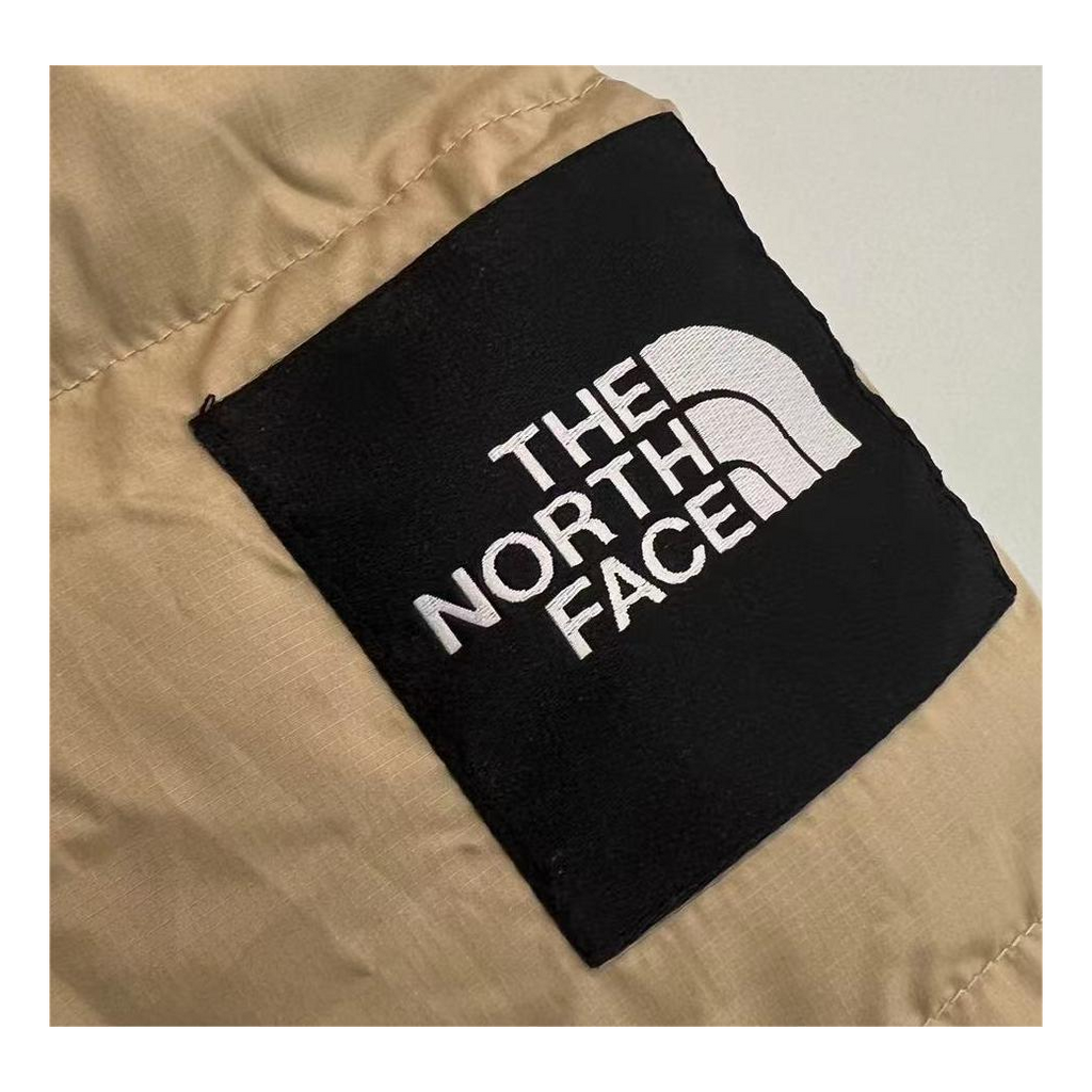 The North Face Color-Block Long Hooded Puffer Coat in Tan