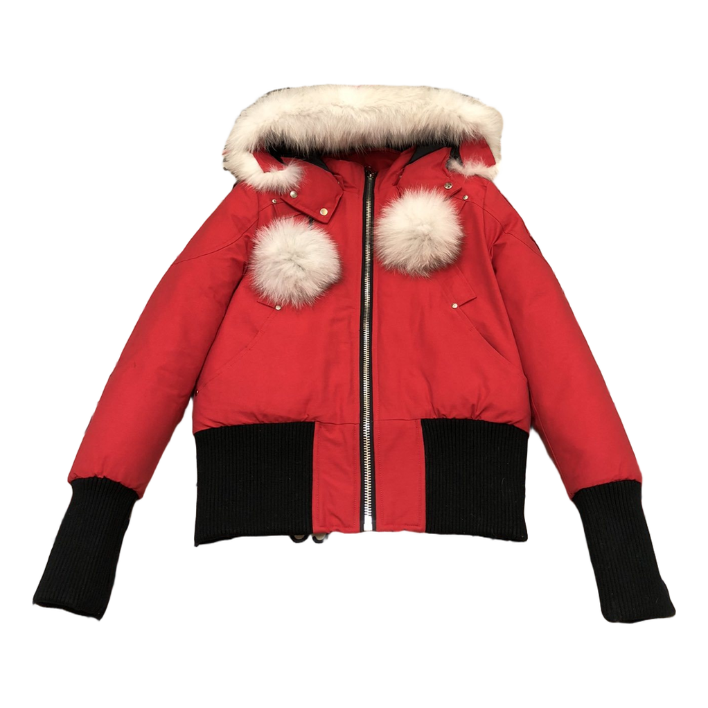 Moose Knuckles Debbie Pom-Pom Hooded Bomber Jacket - Red